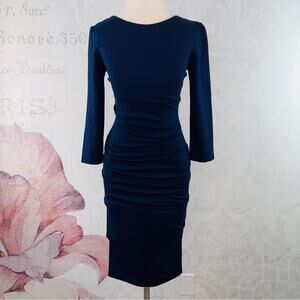 Nicole Miller Studio Navy Blue Sheath Ruched Knit Dress Size Small